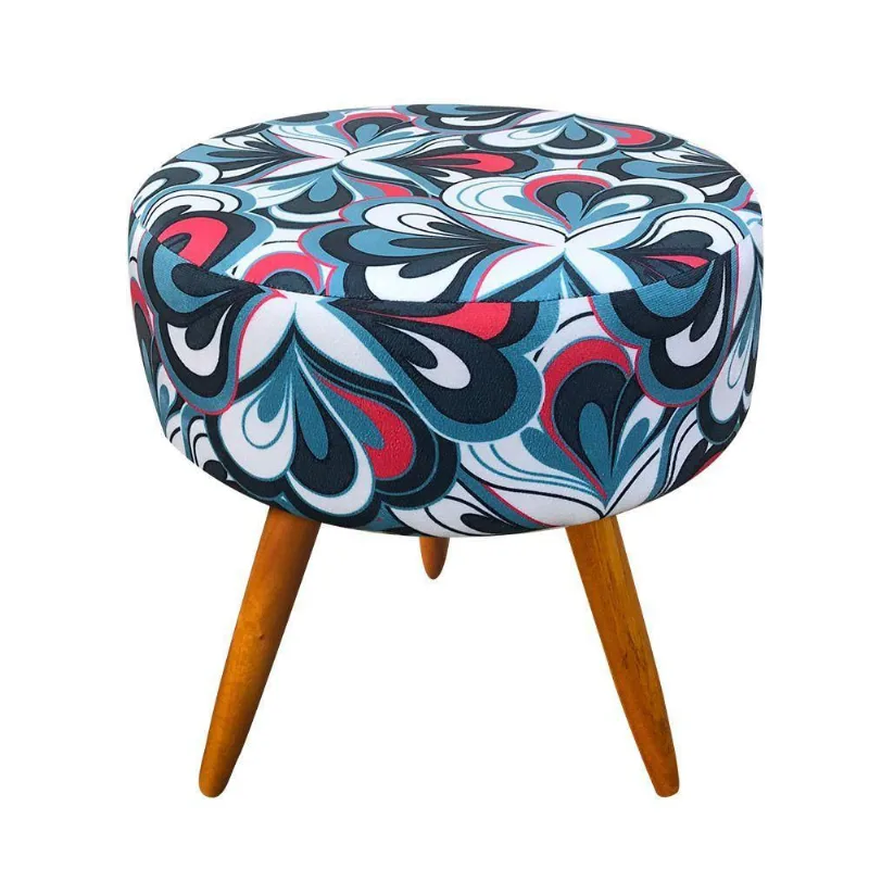 Puff Banqueta Berlim Redondo Pés Castanho Floral Azul