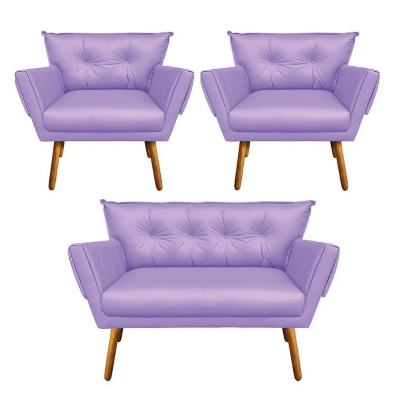 Kit 01 Namoradeira e 02 Poltronas Anitta Corino Pés Palito