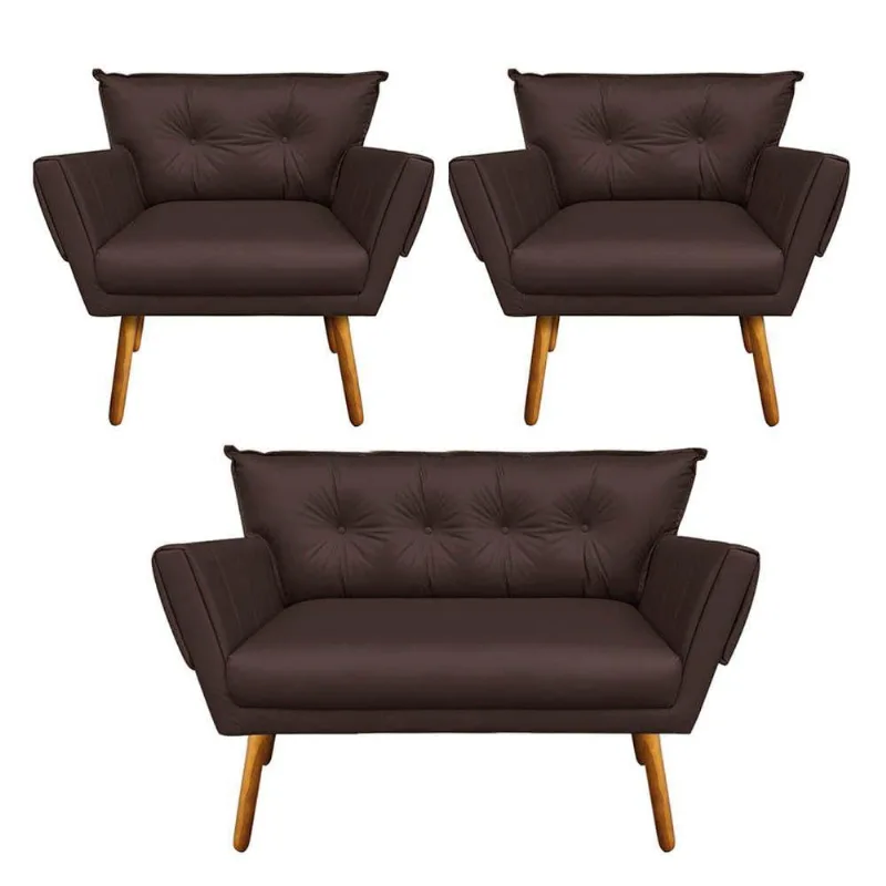 Kit 1 Namoradeira e 2 Poltronas Anitta Corino Marrom Drossi