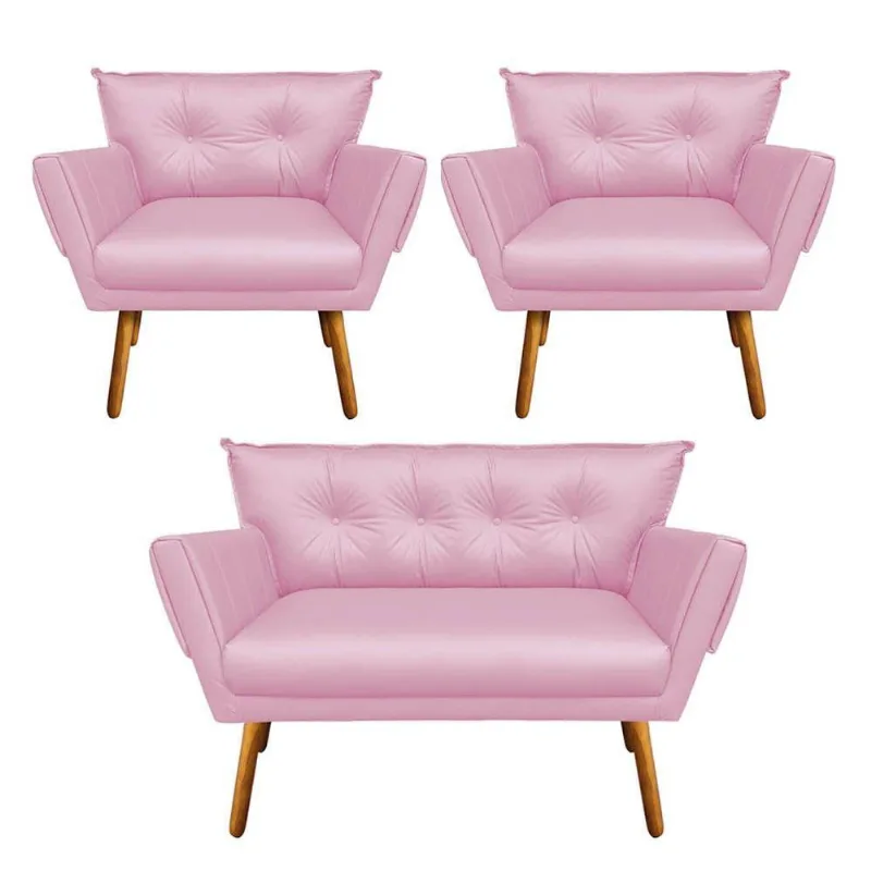 Kit 1 Namoradeira e 2 Poltronas Anitta Corino Rosa Bebê