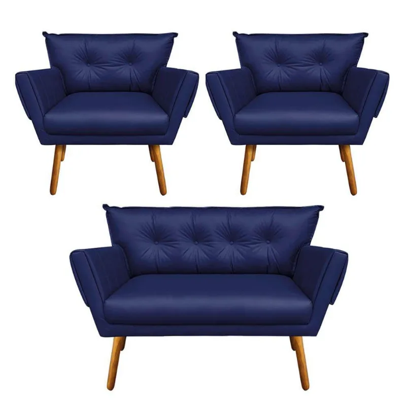Kit 1 Namoradeira e 2 Poltronas Anitta Corino Azul Marinho