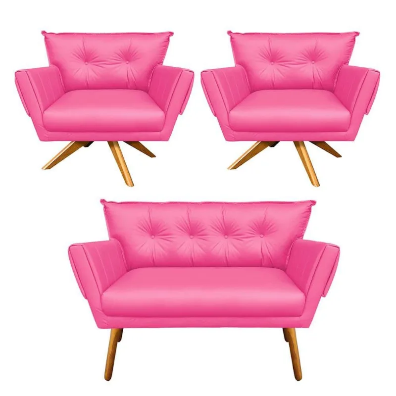 Kit 01 Namoradeira e 02 Poltronas Giratória Corino pink