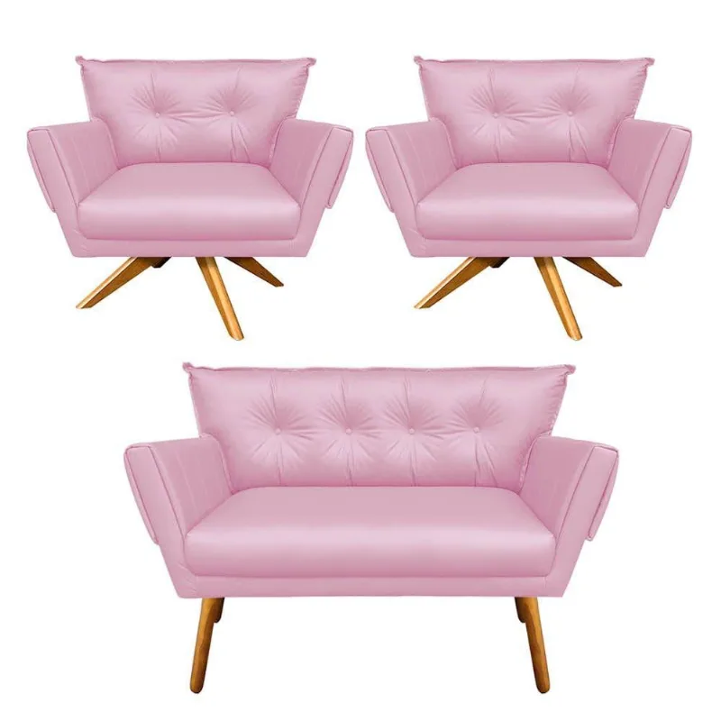 Kit 01 Namoradeira E 02 Poltronas Anitta Corino Rosa Bebê