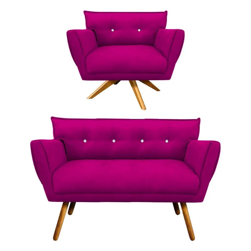 Kit 1 Namoradeira 2 Lugares e 1 Poltrona Giratória Anitta com Strass Suede Pés Palito Castanho - D'Rossi Pink