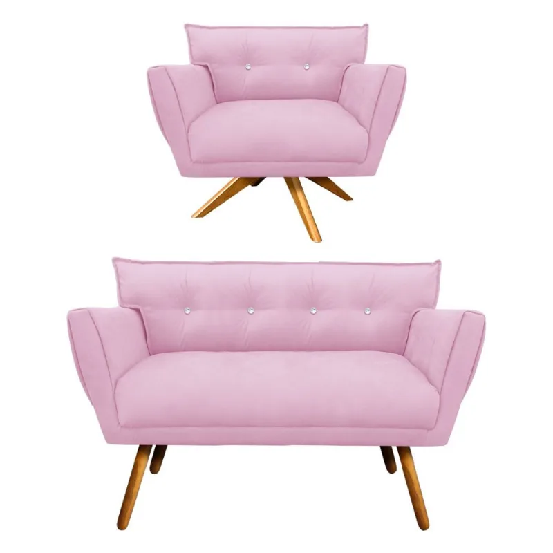 Kit 1 Namoradeira 2 Lugares e 1 Poltrona Giratória Anitta com Strass Suede Pés Palito Castanho - D'Rossi Rosa Bebê
