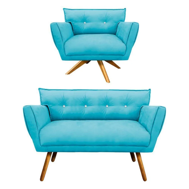 Kit 1 Namoradeira e 1 Poltrona Giratória Azul Turquesa
