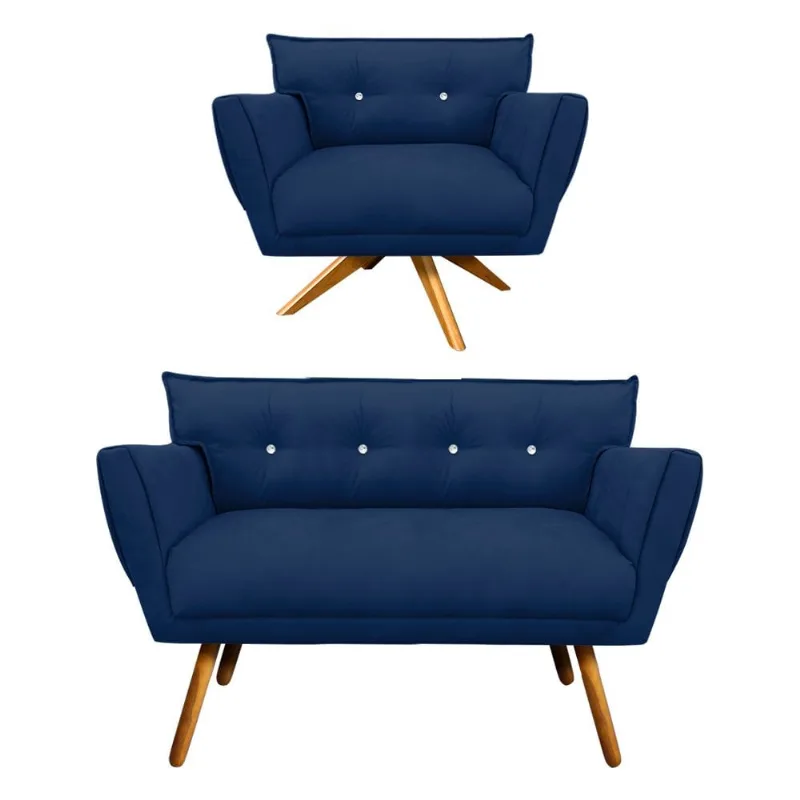 Kit 1 Namoradeira 2 Lugares e 1 Poltrona Giratória Anitta com Strass Suede Pés Palito Castanho - D'Rossi Azul Marinho