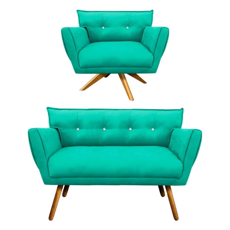 Kit 1 Namoradeira 2 Lugares e 1 Poltrona Giratória Anitta com Strass Suede Pés Palito Castanho - D'Rossi Verde Turquesa
