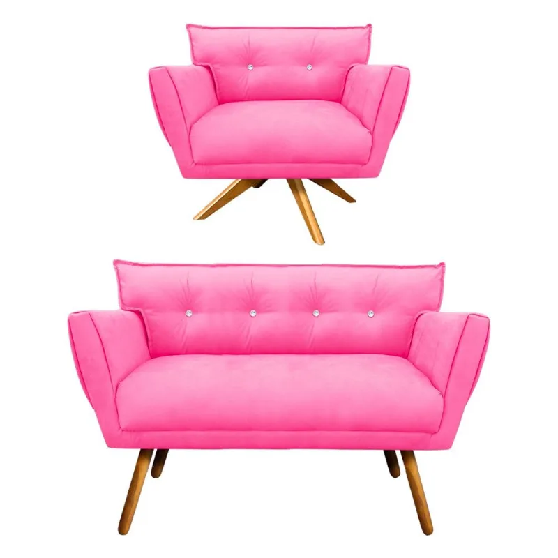 Kit 1 Namoradeira 2 Lugares e 1 Poltrona Giratória Anitta com Strass Suede Pés Palito Castanho - D'Rossi Rosa Barbie