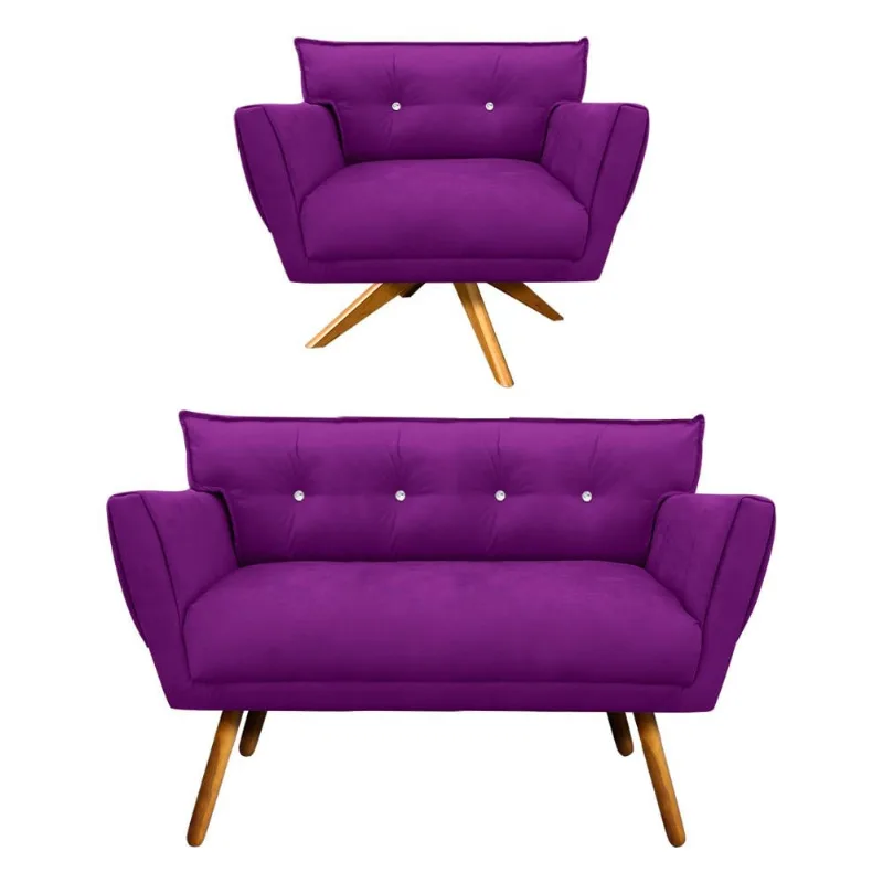 Kit 1 Namoradeira 2 Lugares e 1 Poltrona Giratória Anitta com Strass Suede Pés Palito Castanho - D'Rossi Roxo