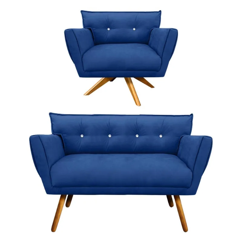 Kit 1 Namoradeira 2 Lugares e 1 Poltrona Giratória Anitta com Strass Suede Pés Palito Castanho - D'Rossi Azul Royal