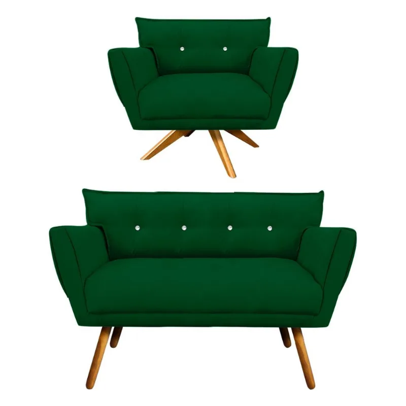 Kit 1 Namoradeira 2 Lugares e 1 Poltrona Giratória Anitta com Strass Suede Pés Palito Castanho - D'Rossi Verde