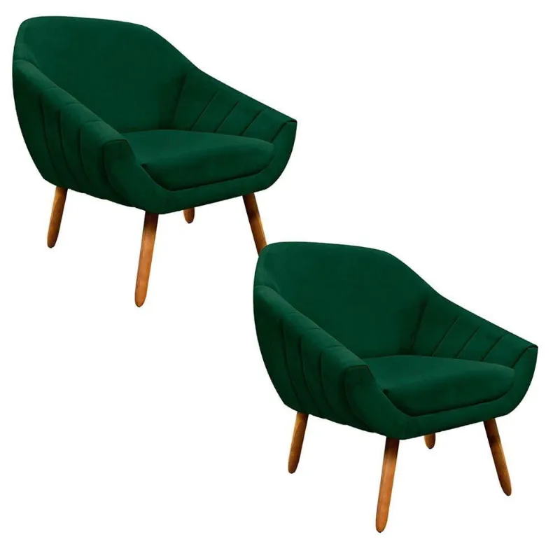 Kit 02 Poltronas Giovana Suede Pés Palito Castanho D'rossi Cor Verde