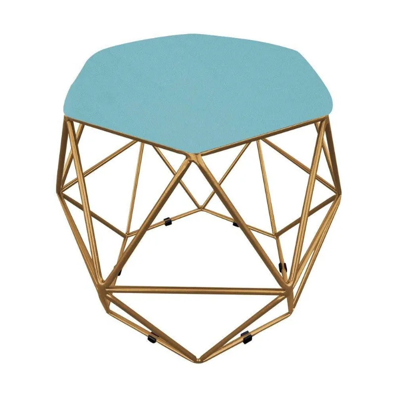 Puff Aramado Hexágono Suede Azul Turquesa Base Dourado