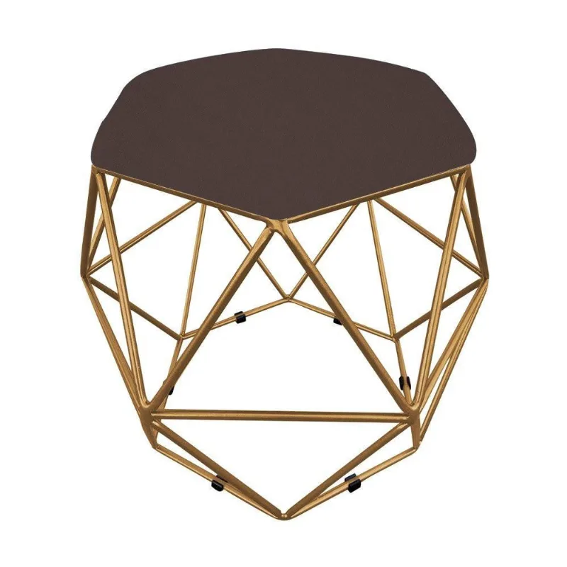 Puff Aramado Hexágono Suede Base Dourado D´rossi Marrom