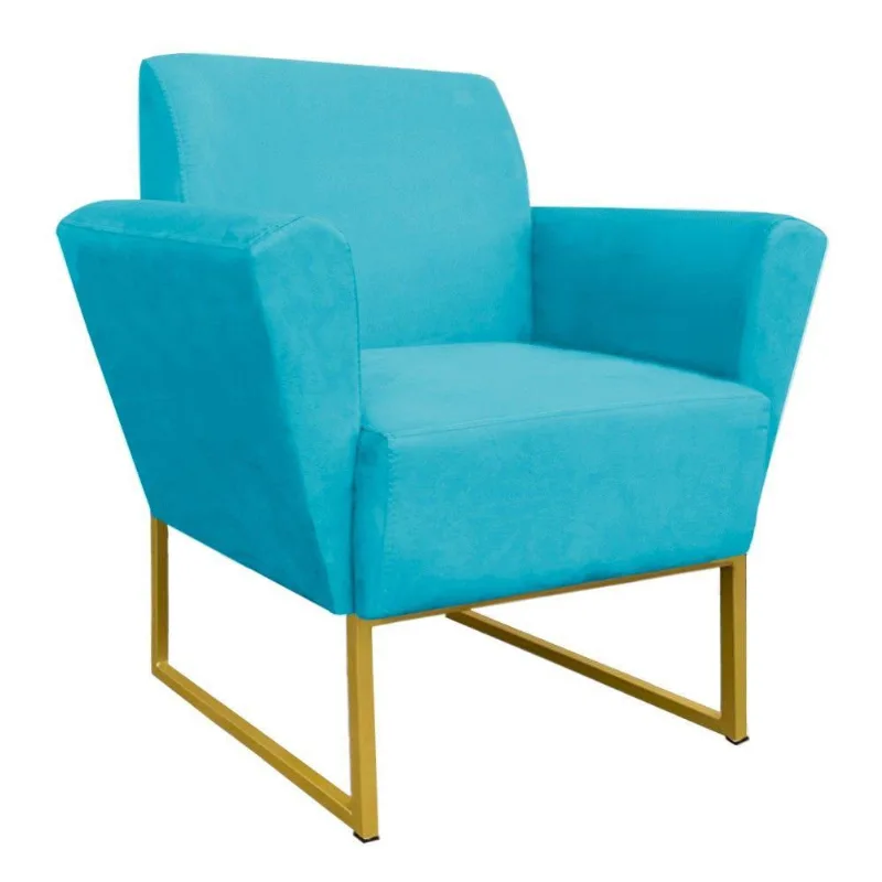 Poltrona Dora Base Metálica Dourado Azul Turquesa
