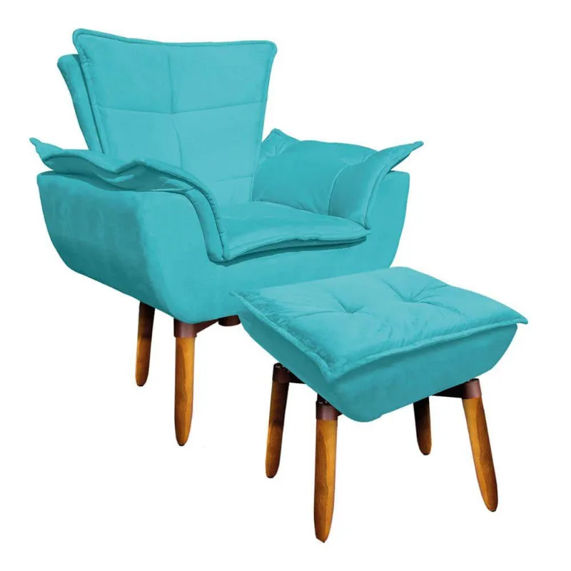 Kit Poltrona Opala Com Puff Opala Suede Azul Turquesa