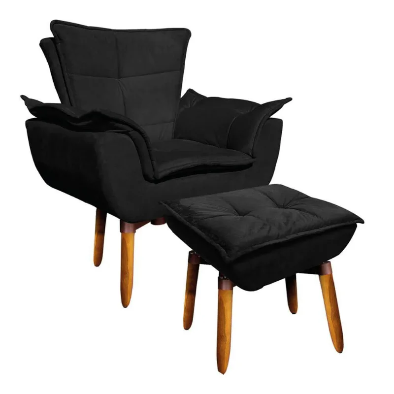 Kit Poltrona Opala Com Puff Opala Suede Base Giratória Preto