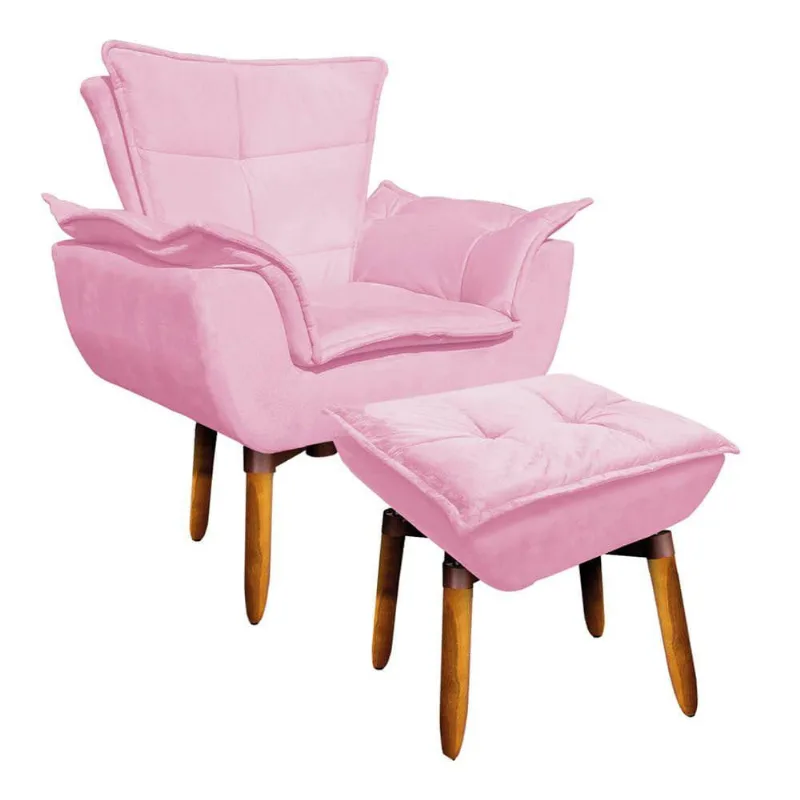 Poltrona Opala com Puff Opala Suede Base Giratória Rosa Bebê