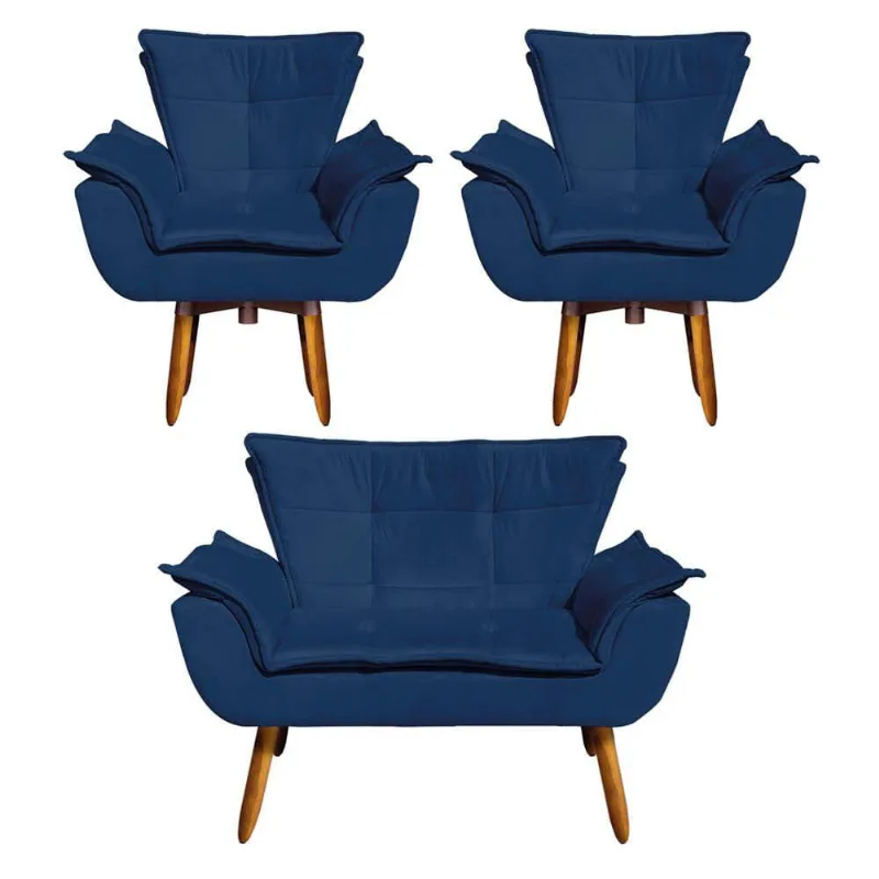 Kit Namoradeira e 02 Poltronas Opala Suede Azul Marinho