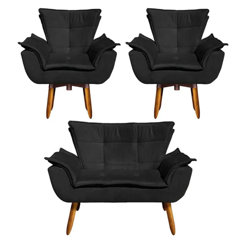 Namoradeira e 02 Poltronas Opala Suede Base Giratória Preto