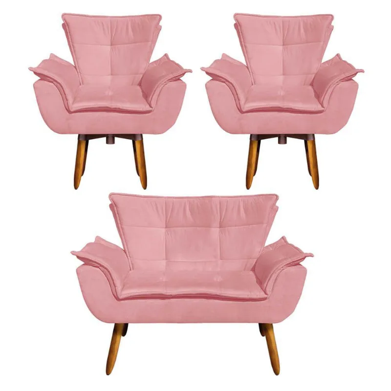 Namoradeira e 02 Poltronas Opala Suede Base Giratória Rose