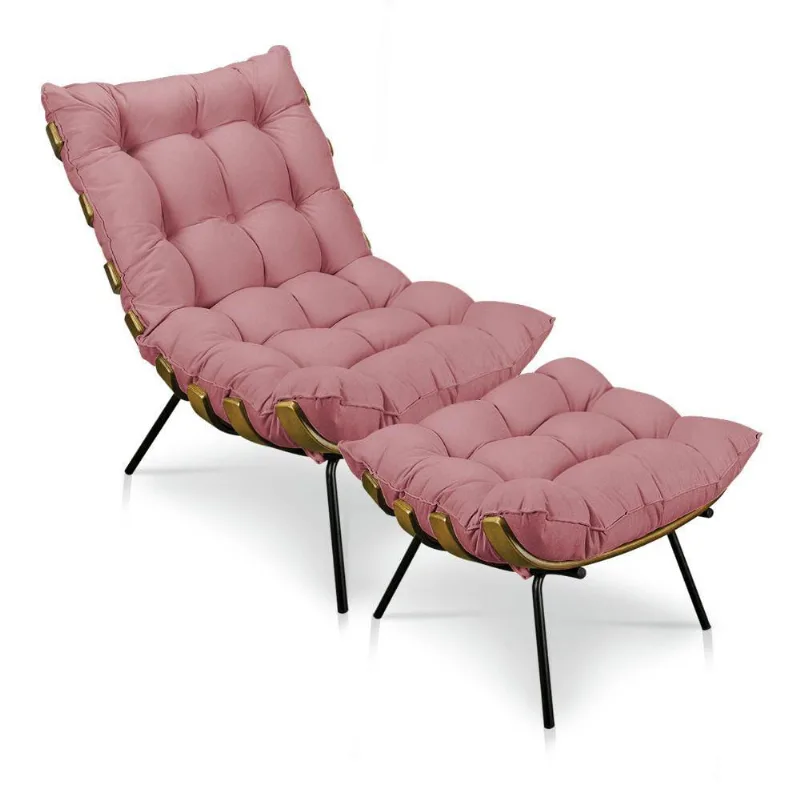 Kit 01 Poltrona E 01 Puff Costela Suede Base Metal - Drossi -rose