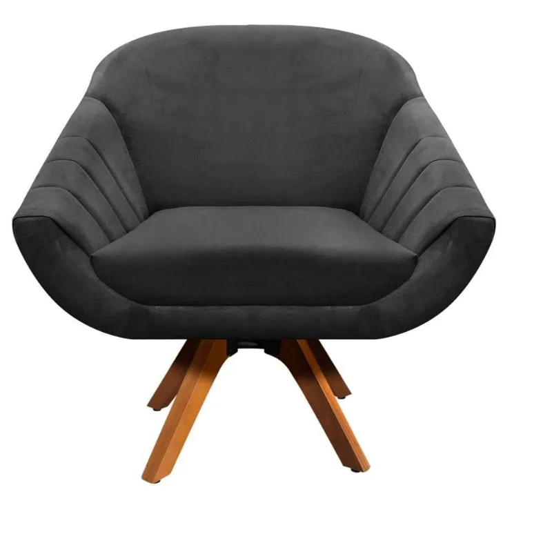Poltrona Giratória Giovana Suede Preto Base Madeira D´rossi