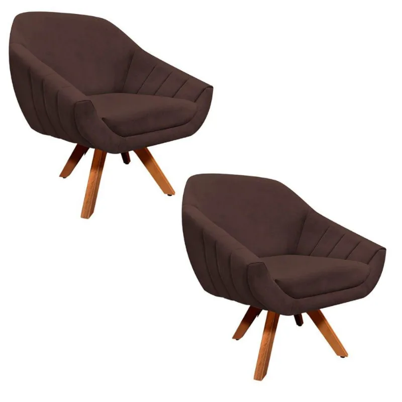 Kit 02 Poltronas Giratória Giovana Suede Marrom Base Madeira D´rossi