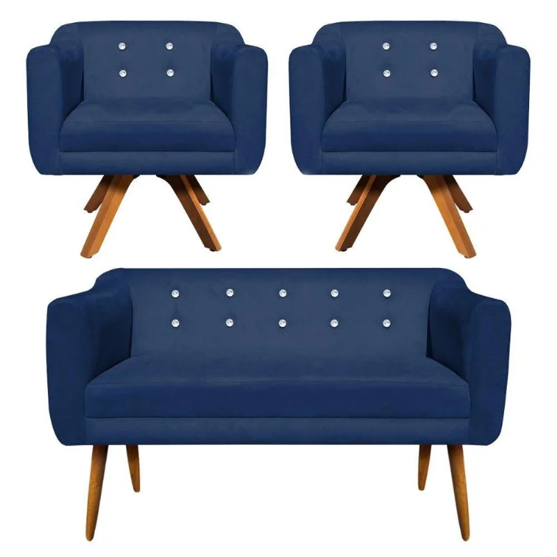 Kit Namoradeira 2 Lugares E 2 Poltronas Julia Azul Marinho