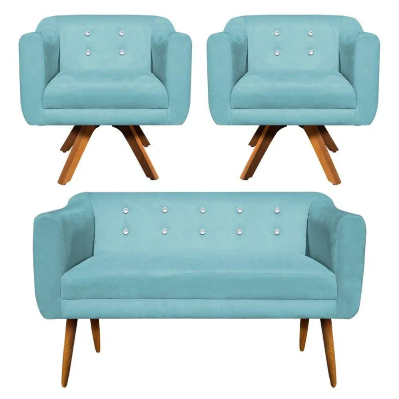 Kit Namoradeira 2 Lugares E 2 Poltronas Julia Azul Turquesa