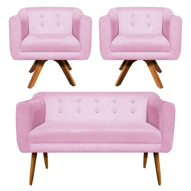 Kit Namoradeira 2 Lugares E 2 Poltronas Julia Rosa Bebê