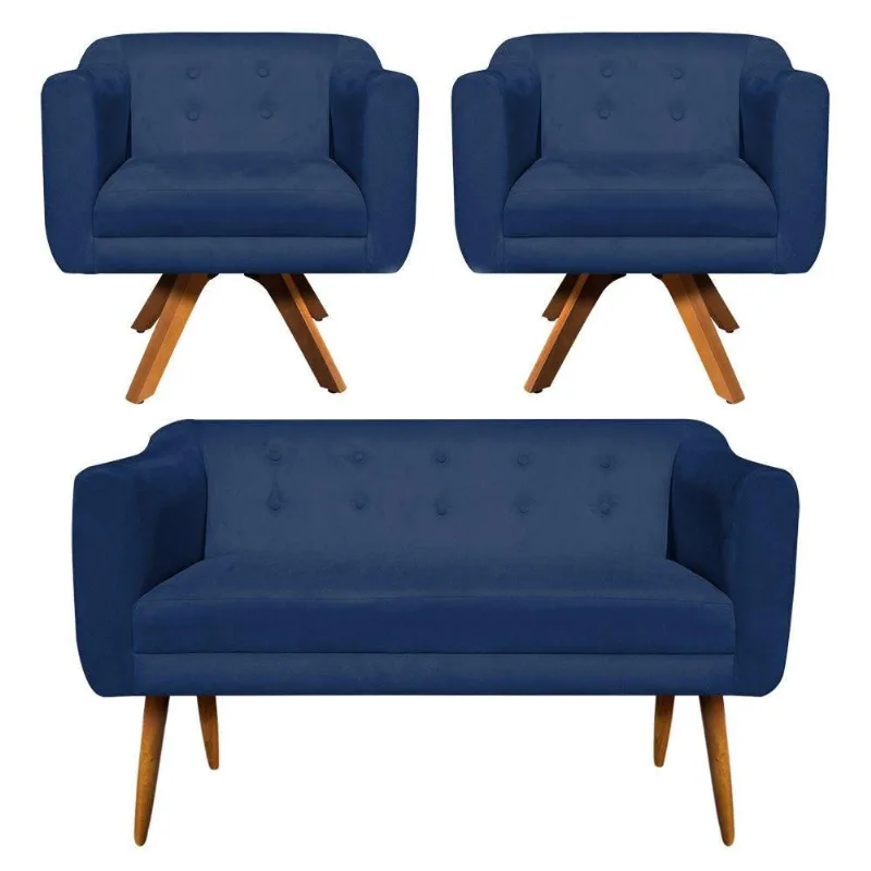 Kit Namoradeira 2 Lugares E 2 Poltronas Julia Azul Marinho