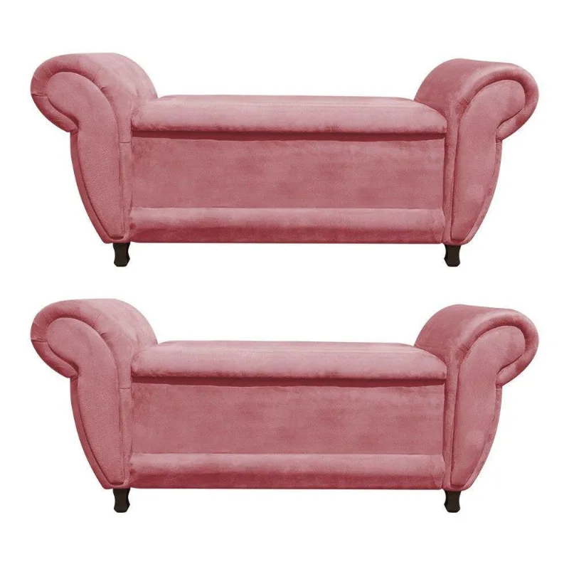 Kit 02 Recamier Baú Itália Namoradeira Calçadeira Suede Rose