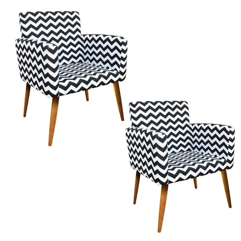 Kit 02 Poltronas Lari Estampado Preto e Branco Pés Palito