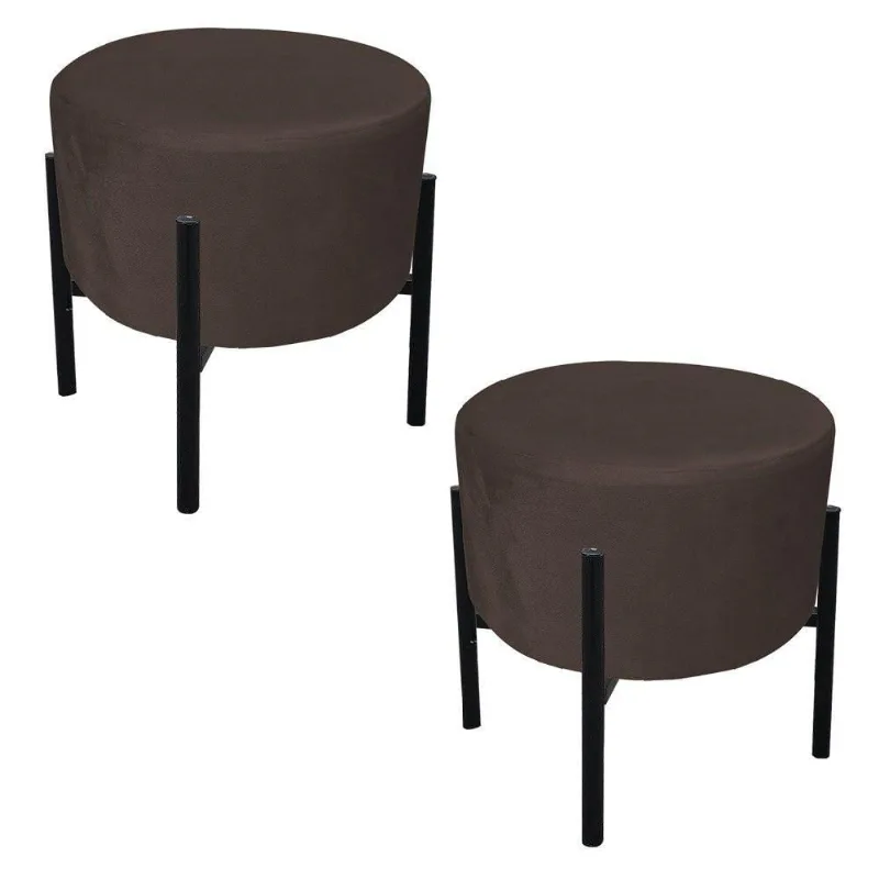Kit 02 Puffs Iron Suede Base Preto Palito Drossi Marrom