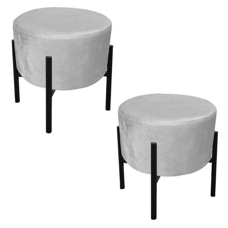 Kit 02 Puffs Iron Suede Base Preto Palito Drossi Cinza