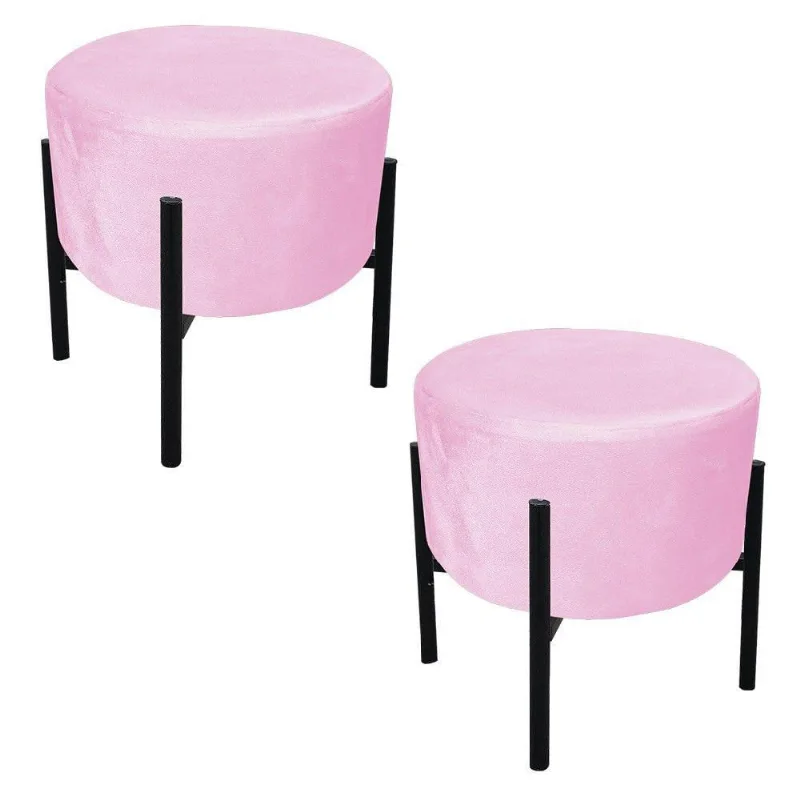 Kit 02 Puffs Iron Suede Base Preto Palito Drossi Rosa Bebê