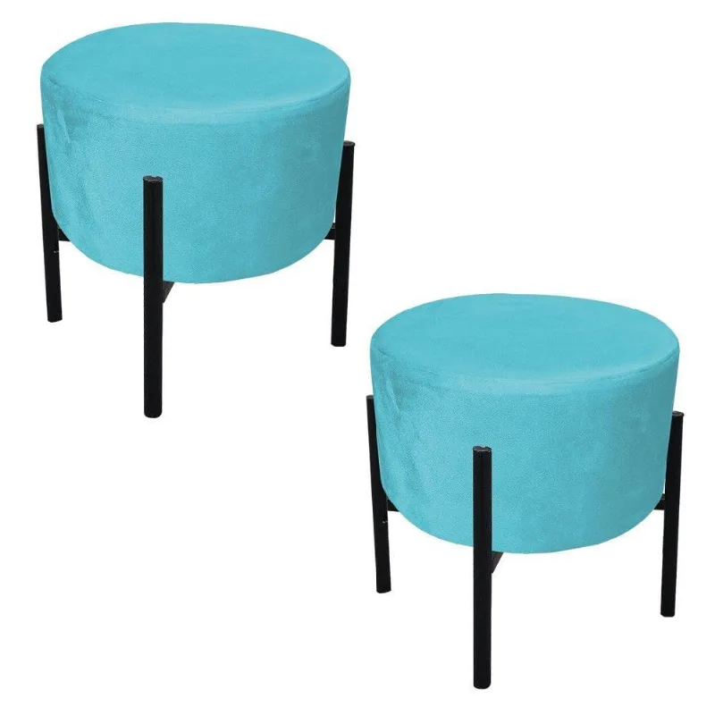 Kit 02 Puffs Iron Suede Azul Turquesa Base Palito D´rossi