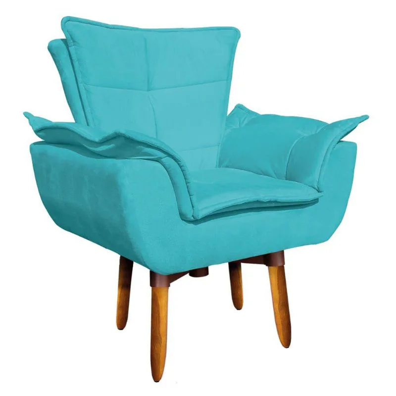 Poltrona Giratória Opala Suede Azul Turquesa Base Pés Palito
