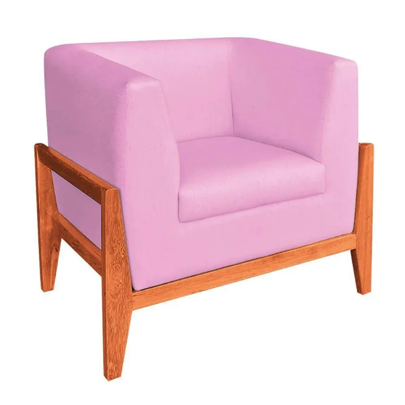 Poltrona Lucy Linho Base Madeira Castanho DRossi Rosa Chiclete A08