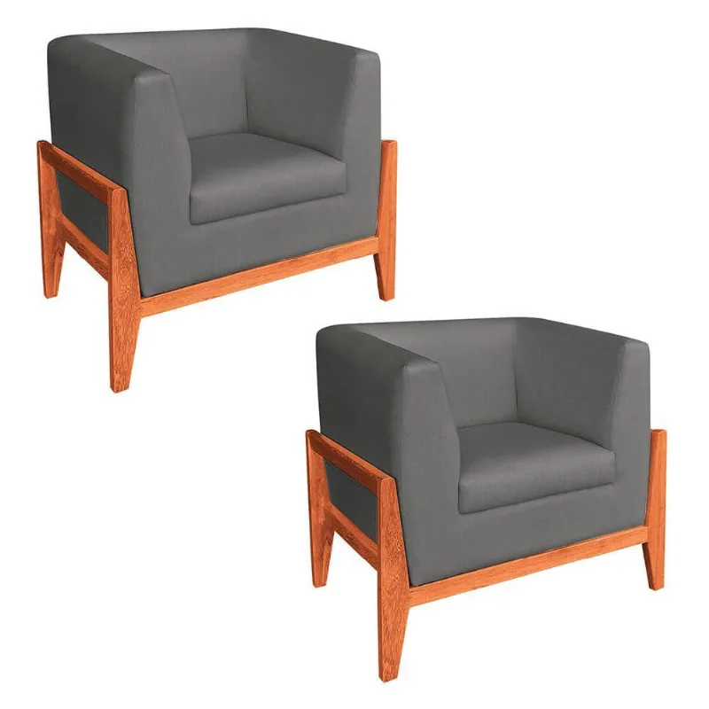 Kit 02 Poltronas Lucy Linho Cinza A26 Castanho
