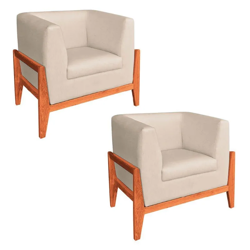 Kit 02 Poltronas Lucy Linho Fino Bege A27 Castanho