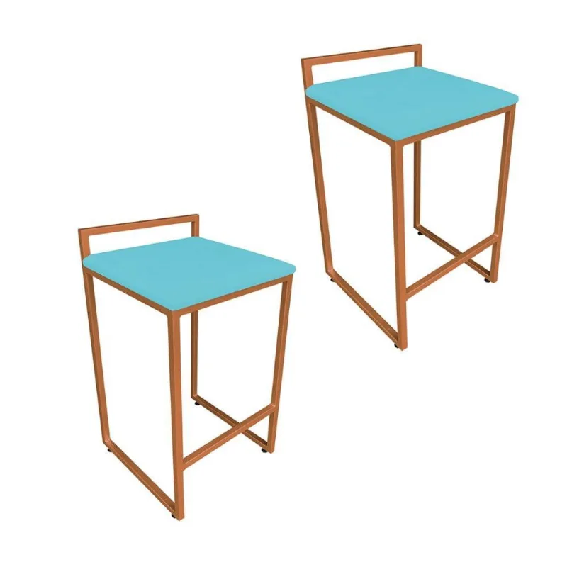 Kit 02 Banquetas Lavínia Suede Azul Turquesa Base Cobre