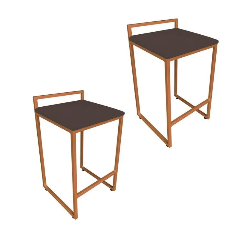 Conjunto 02 Banquetas Alta Lavinia Suede Marrom Base Cobre Drossi - DRossi