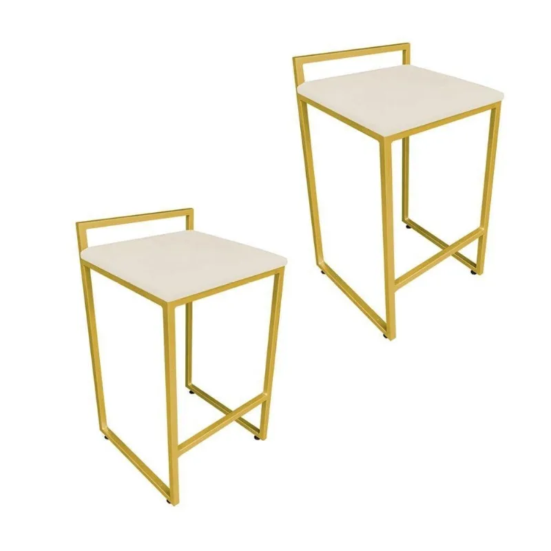 Conjunto 02 Banquetas Alta Lavinia Suede Bege Base Dourado Drossi