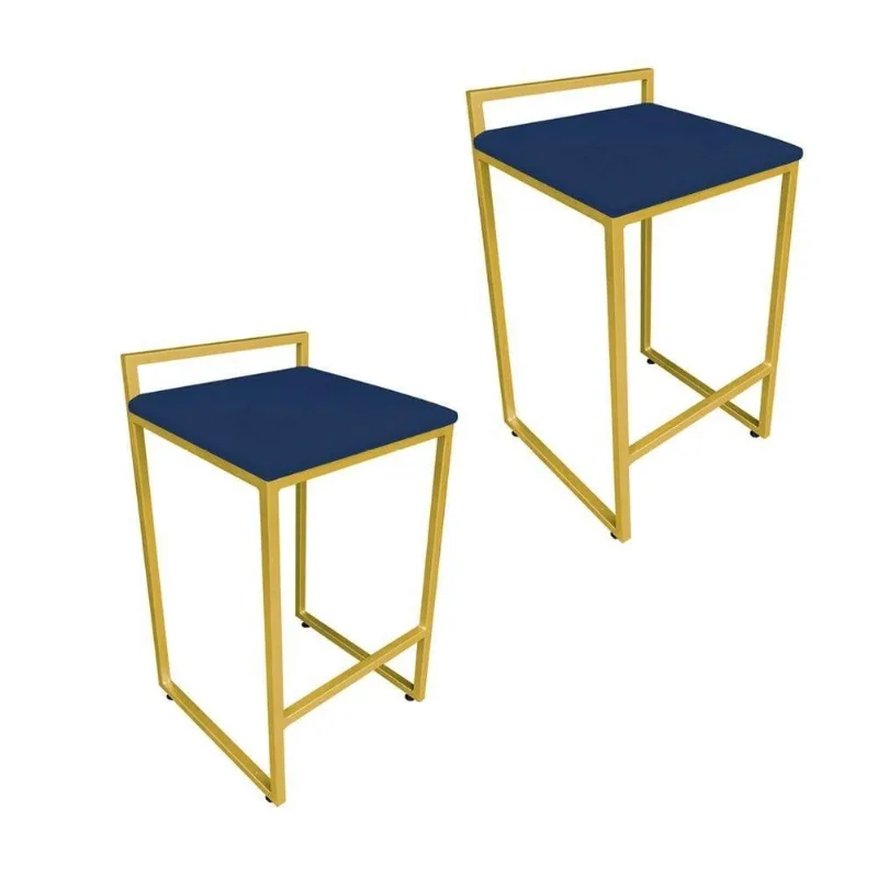 Conjunto 02 Banquetas Alta Lavinia Suede Azul Marinho Base Dourado Drossi - DRossi