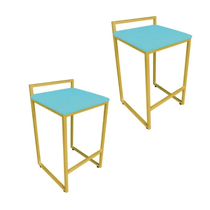 Kit 02 Banquetas Lavínia Suede Azul Turquesa Base Dourado