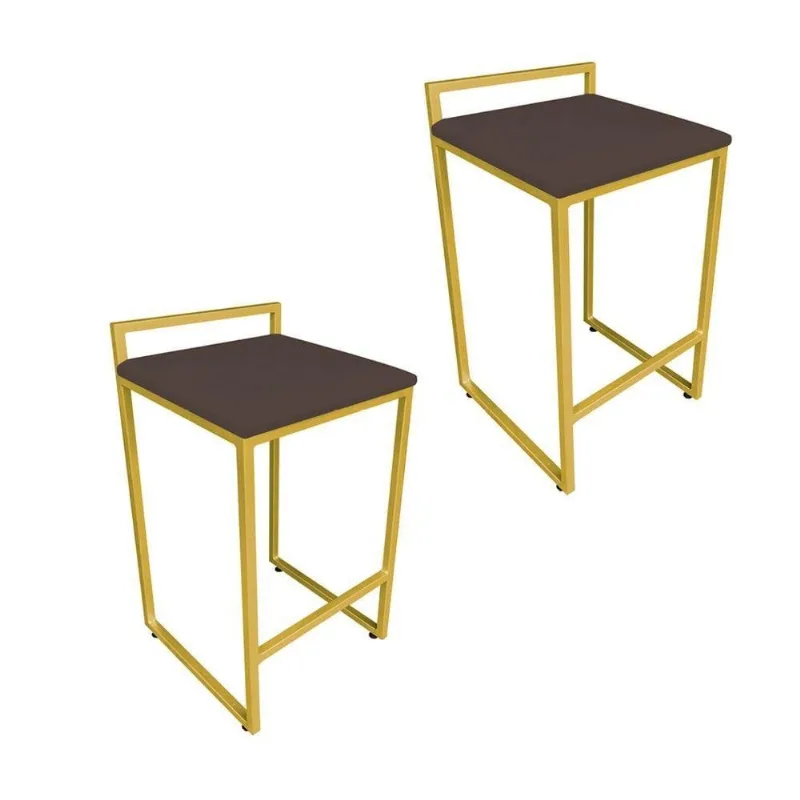Conjunto 02 Banquetas Alta Lavinia Suede Marrom Base Dourado Drossi - DRossi