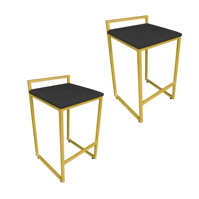 Conjunto 02 Banquetas Alta Lavinia Suede Preto Base Dourado Drossi - DRossi